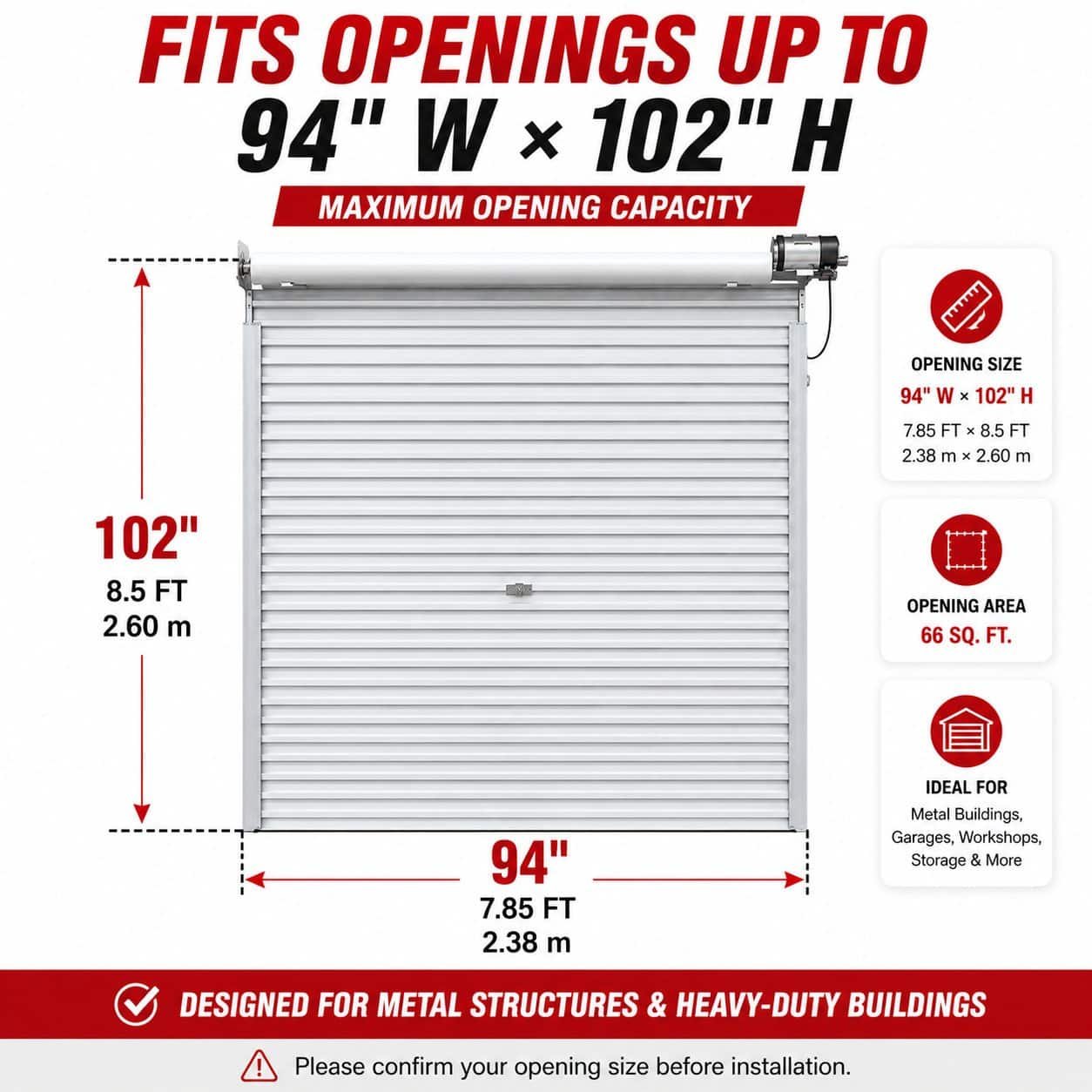 94" × 102" Electric Roll-Up Door, Steel Rolling Shutter Garage Door (7.85FT × 8.5FT) - Image 3