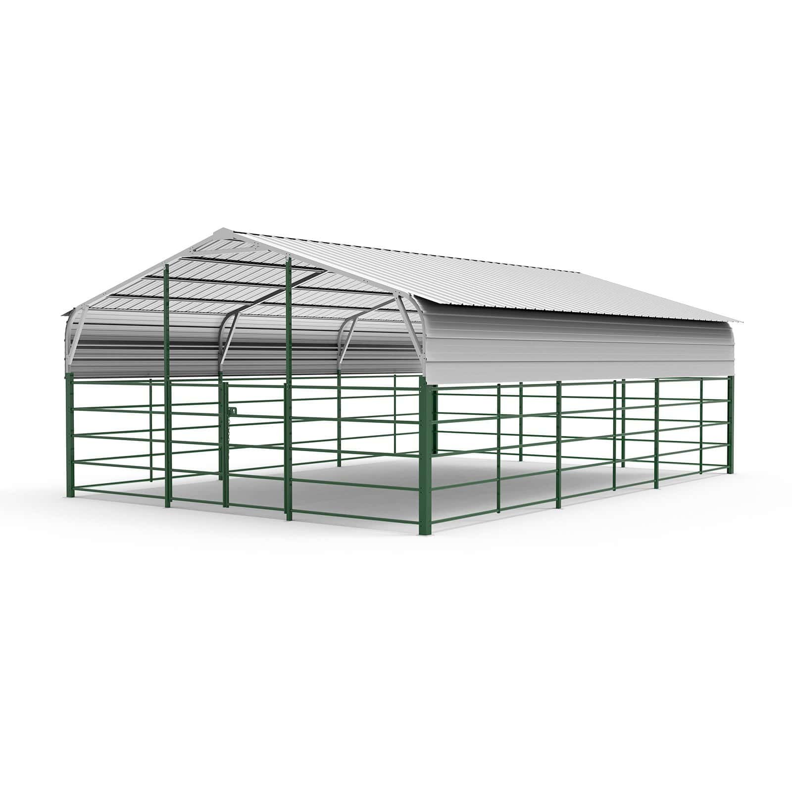 Steel livestock shelter with corral panels and metal roof.