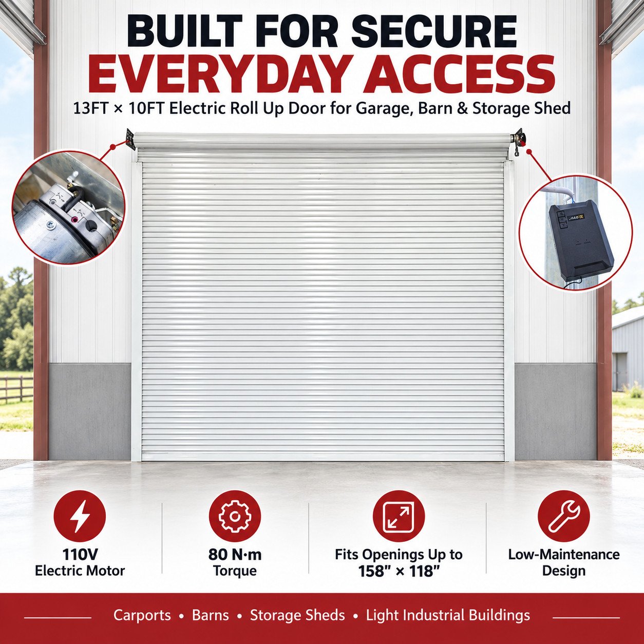 158" × 118" Electric Roll Up Door with 110V Motor for Garage, Barn & Storage Shed (13FT × 10FT) - Image 2